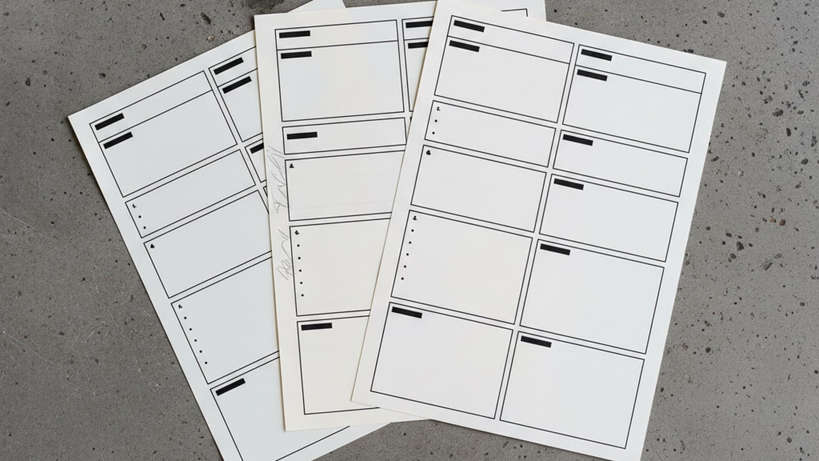 Cuestionario brief Tramarca impreso sobre mesa de estudio editorial — 23 preguntas estructuradas en 5 bloques con anotaciones manuscritas en margen, fotografía top-down concreto