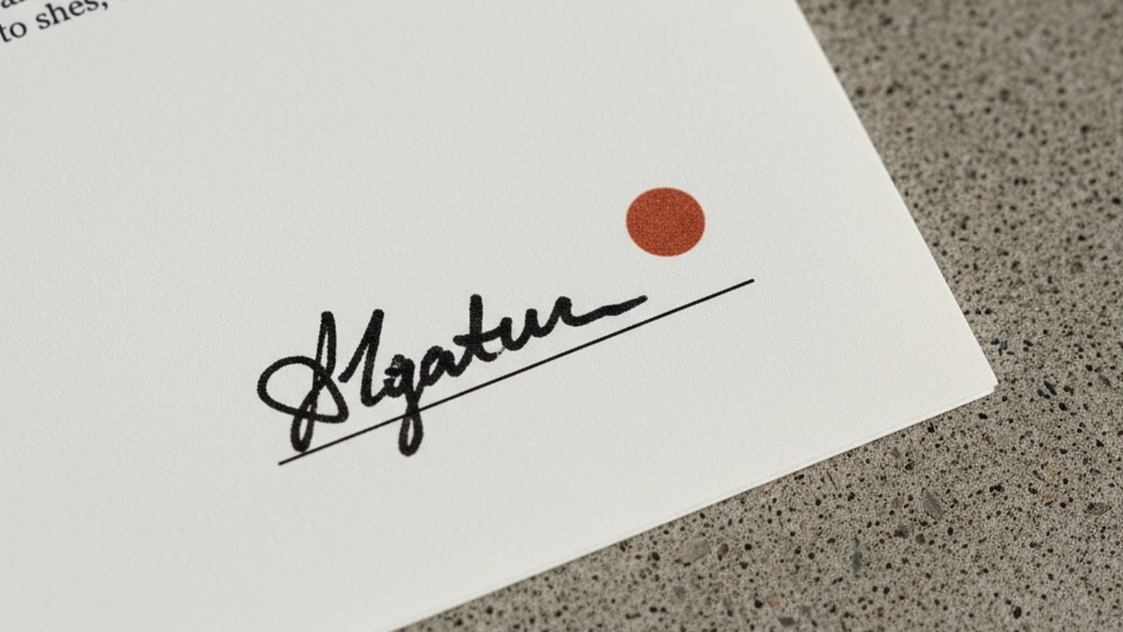 Brief firmado con firma manuscrita sobre matte concrete editorial — momento del compromiso entre cliente y estudio Tramarca, fotografía top-down
