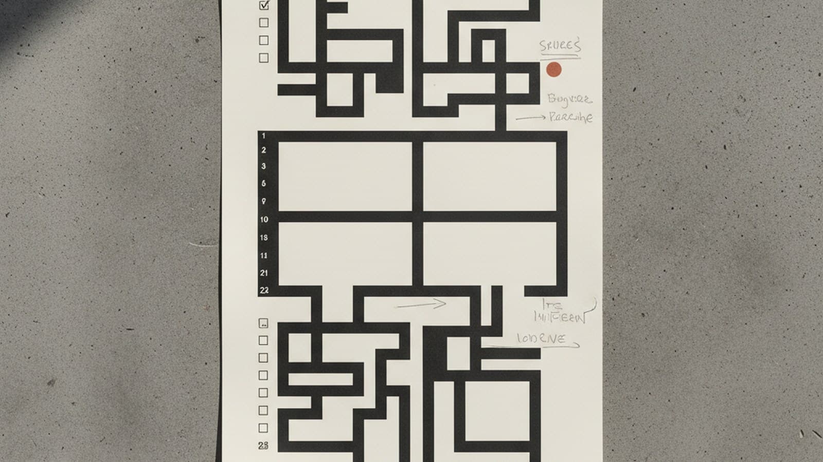Brief estructurado de manual de marca firmado en mesa de estudio editorial — cuestionario impreso con anotaciones del estudio Tramarca, fotografía top-down concreto