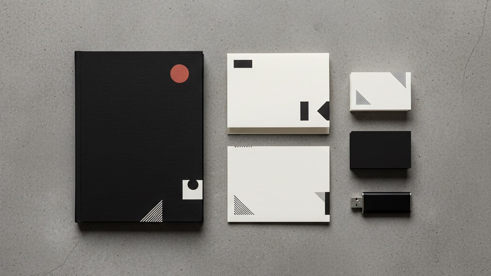 Paquete editorial final entregado de manual de marca — PDF impreso bound, USB drive, papelería samples, archivos fuente sobre mesa estudio Tramarca