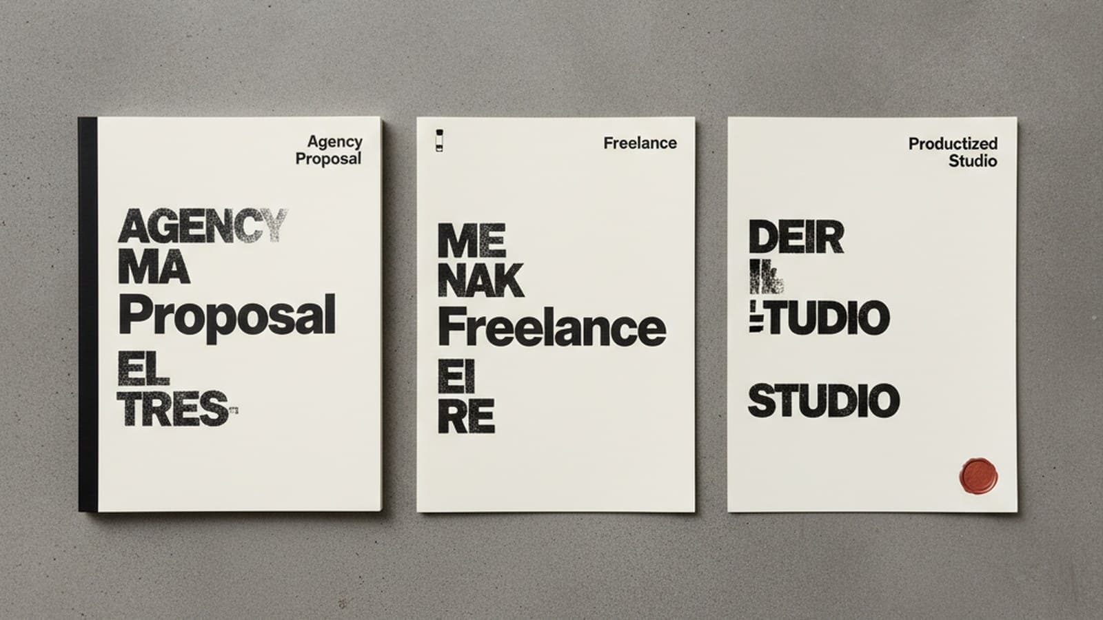 Tres cotizaciones impresas para el mismo proyecto manual de marca España 2026 — agencia, freelance y estudio productizado side by side mostrando diferencias precio plazo y scope