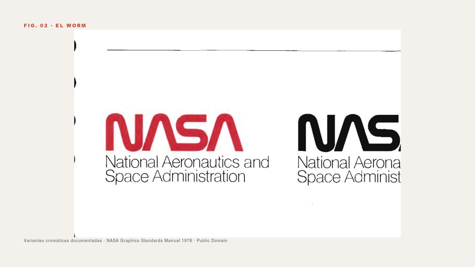 El Worm logotipo NASA 1976 en variantes cromáticas rojo y negro · página 1.4 del NASA Graphics Standards Manual original · dominio público Archive.org