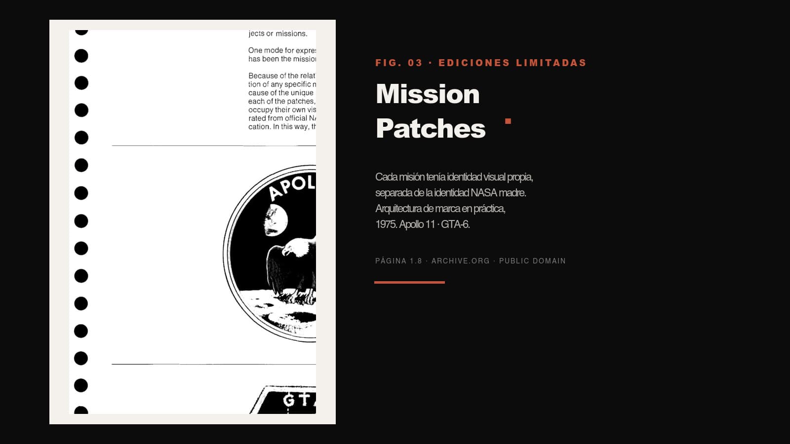 Mission patches NASA Apollo 11 y GTA-6 documentadas en página 1.8 del manual NASA 1976 — sistema de arquitectura de marca con identidades secundarias por misión, dominio público