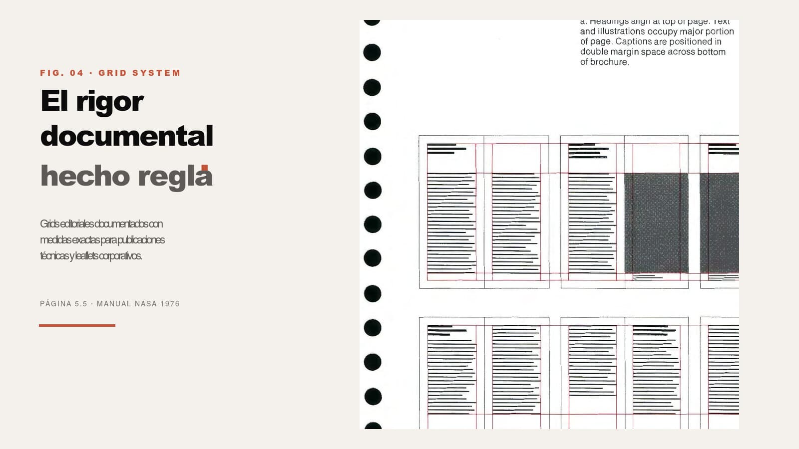 Grid editorial system NASA 1976 — formats para leaflets y folders documentados con medidas exactas en página 5.5 del manual original, dominio público