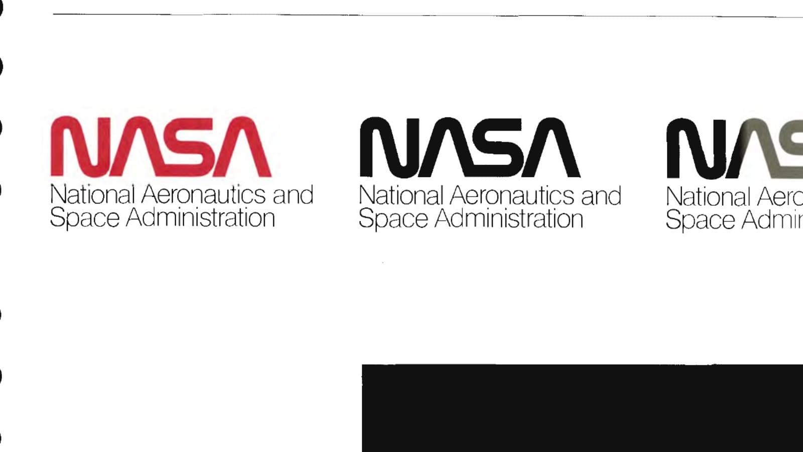 NASA Graphics Standards Manual 1976 — variantes cromáticas oficiales del logotipo Worm (rojo PMS 185, negro, warm gray) escaneadas del manual original página 1.4 dominio público Archive.org