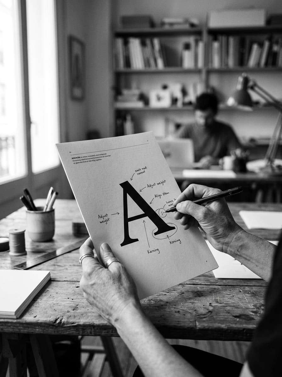 Manos revisando una página de manual de marca en el estudio