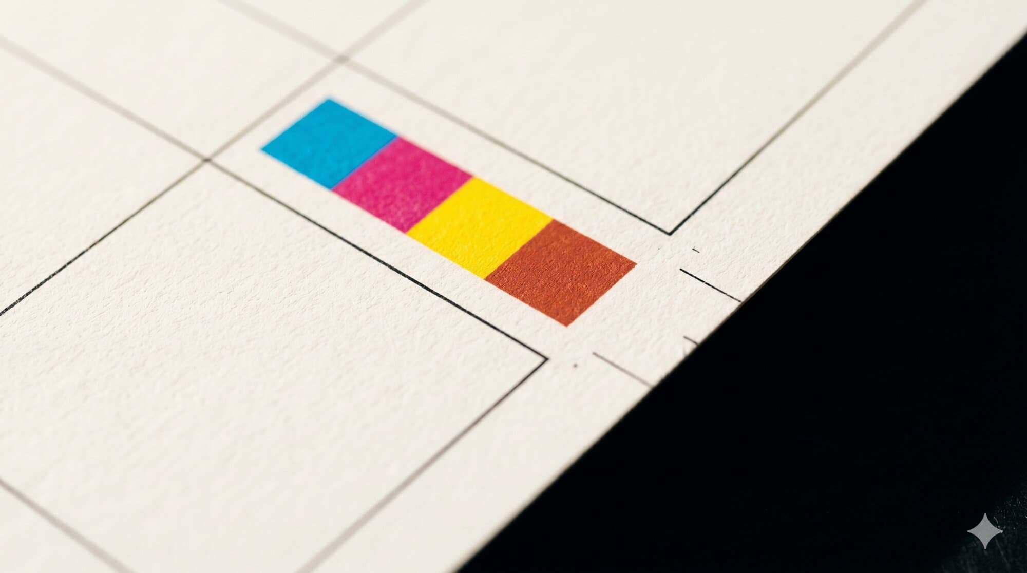 Detalle macro de calibración 4-color CMYK más lacre sobre papel con retícula impresa