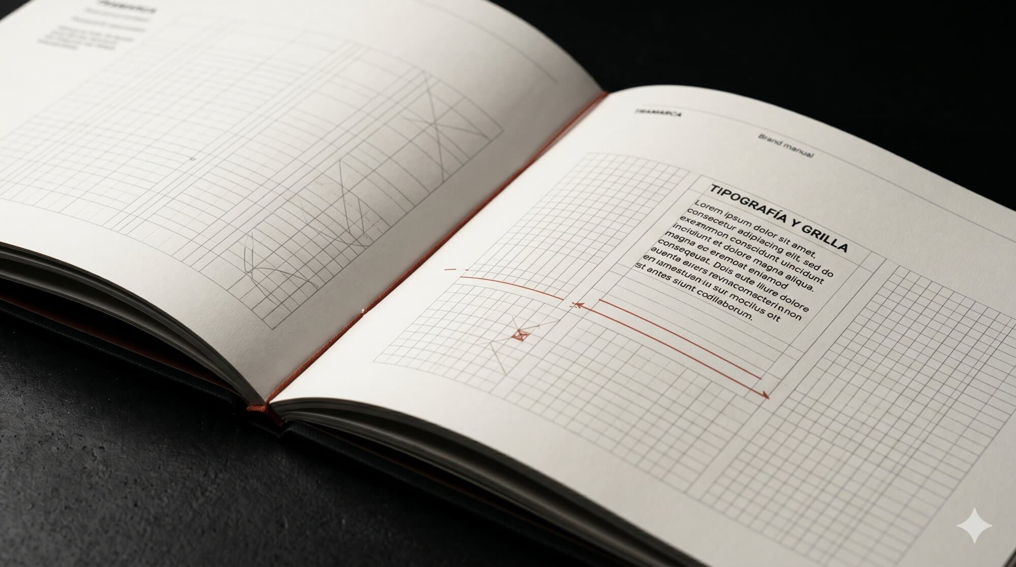 Manual Tramarca abierto mostrando tipografía y grilla con hairline lacre — fondo editorial oscuro
