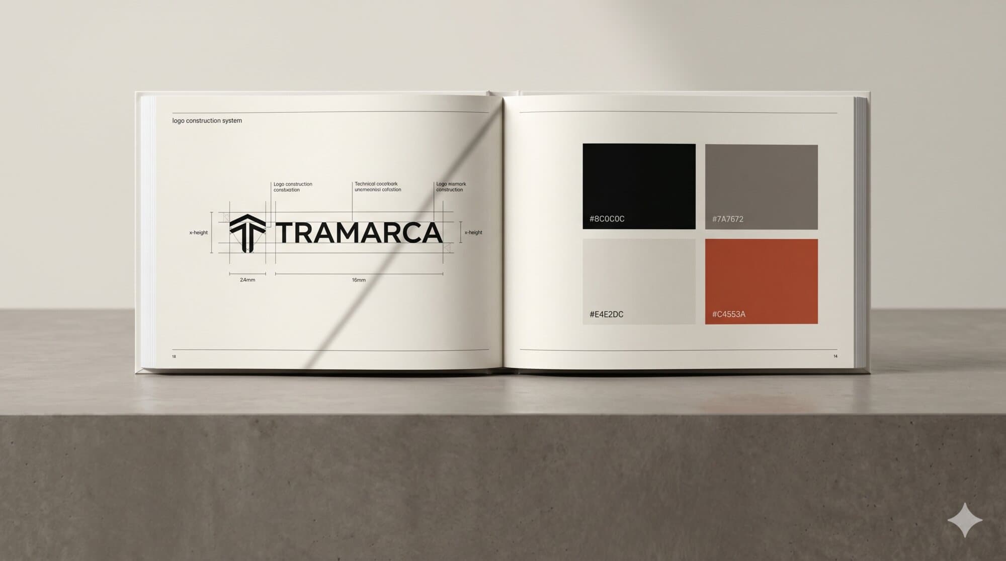 Doble página del manual Tramarca — sistema de construcción del logo a la izquierda y paleta de color a la derecha