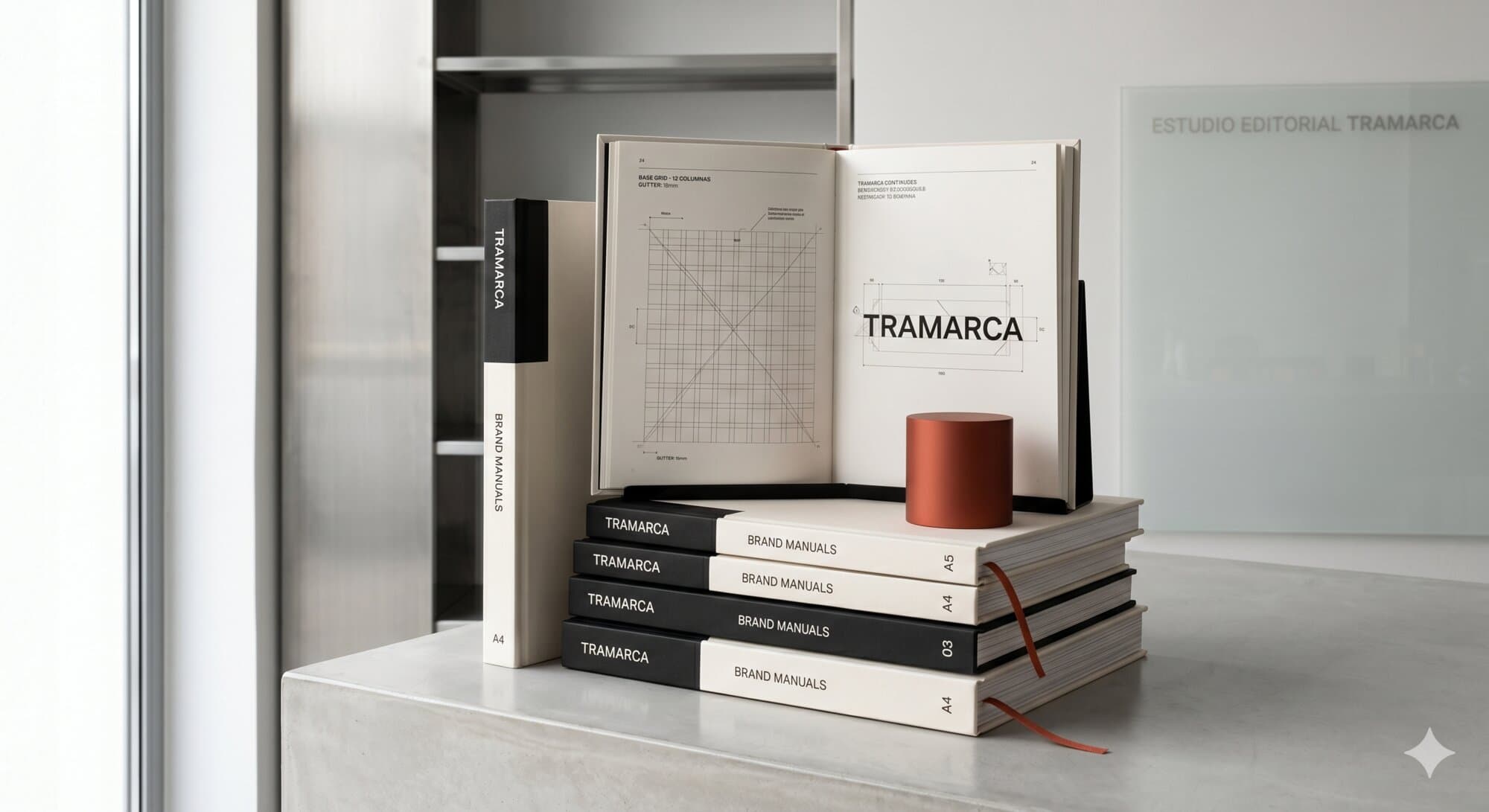 Estudio editorial Tramarca — stack de manuales impresos, libro abierto con retícula y pieza cerámica lacre sobre concreto