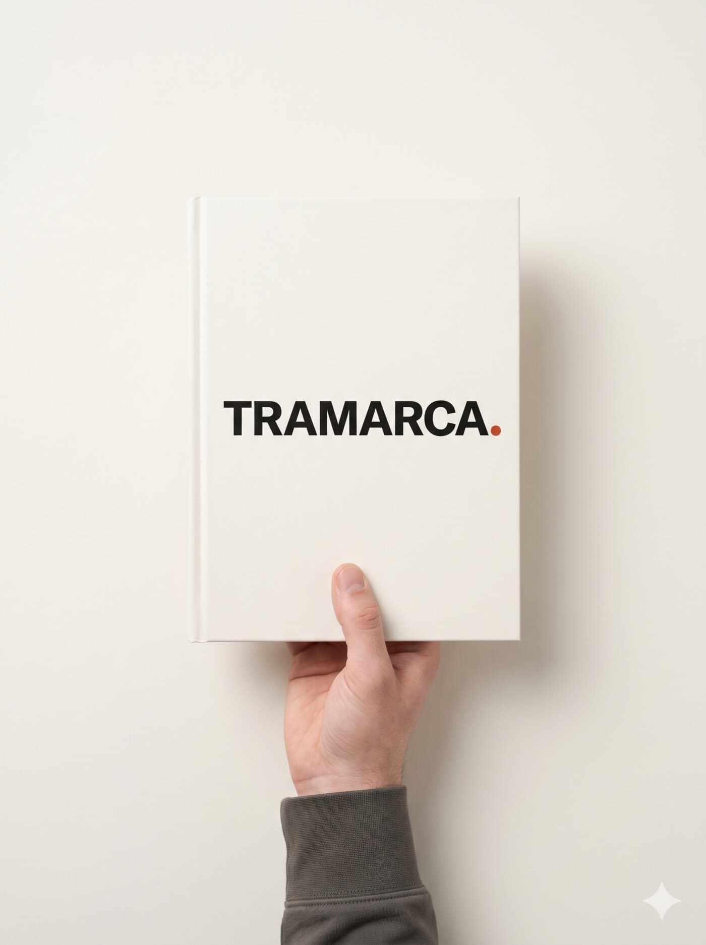 Mano sosteniendo el manual Tramarca cerrado — cream con wordmark y period lacre, escala real