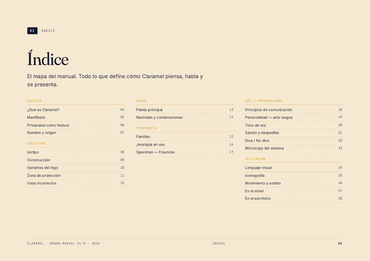 Claramel — spread 1 del manual de marca por Tramarca