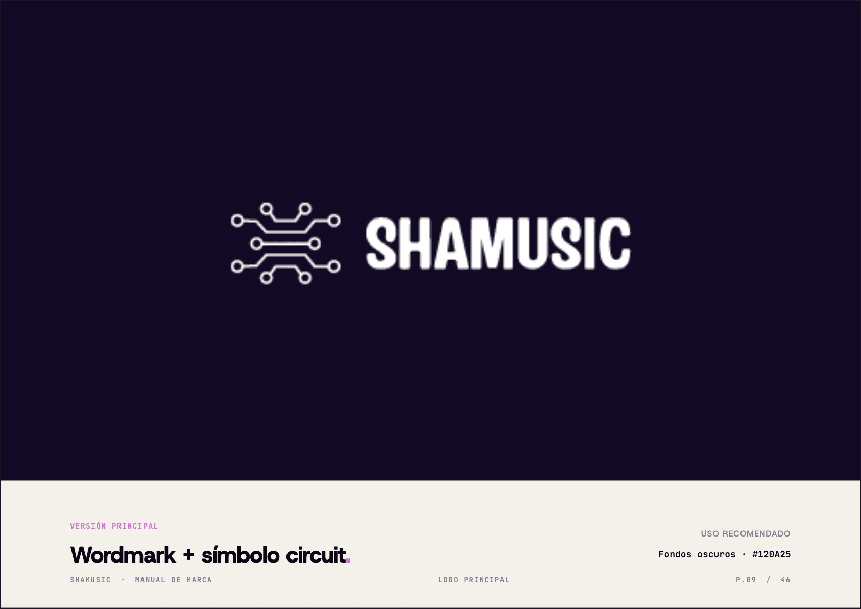 Shamusic — spread paleta cromática midnight signal magenta con regla 60/30/10