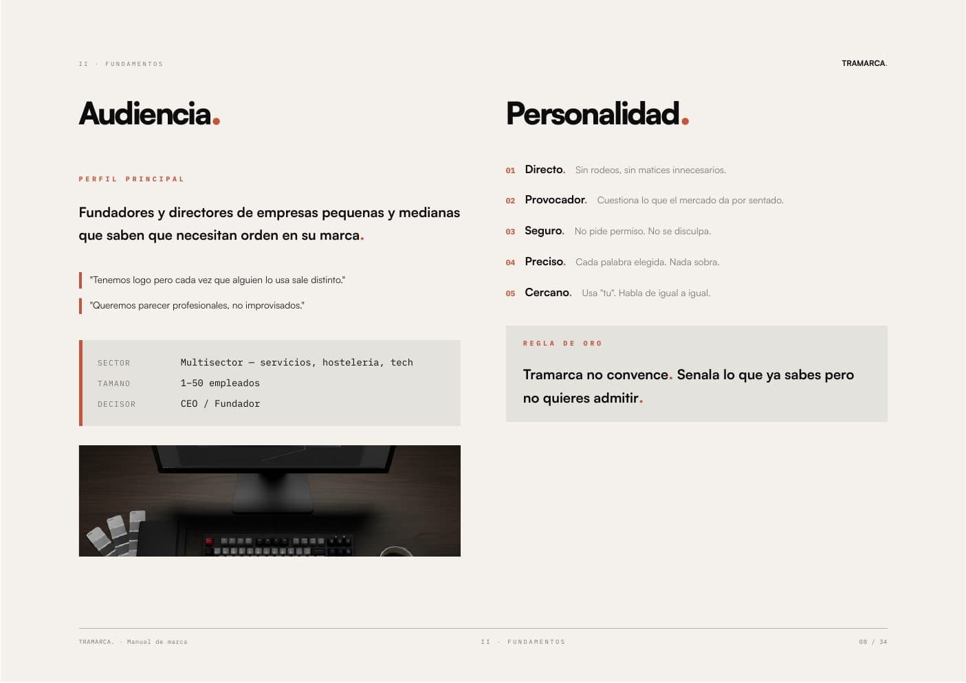 Aplicaciones — spread del manual Tramarca con papelería y aplicaciones digitales