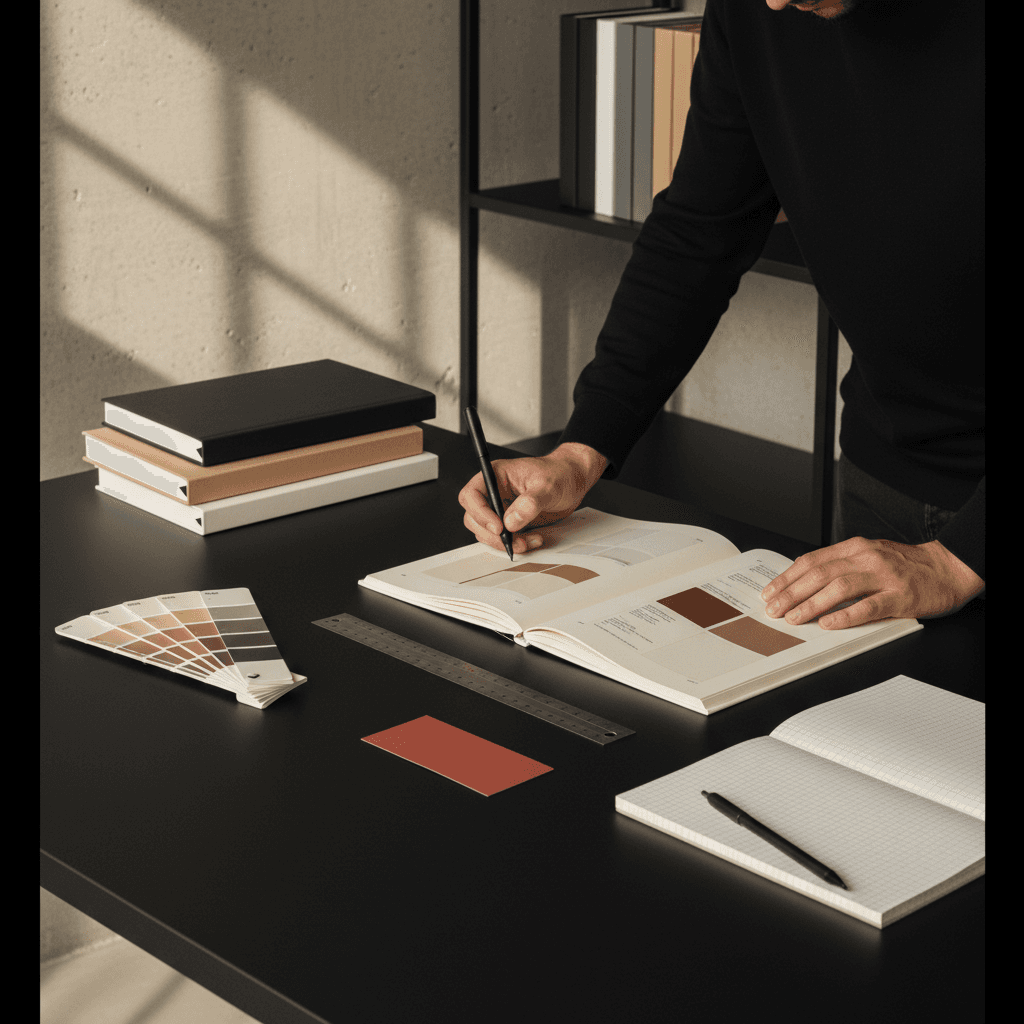 Estudio Tramarca — diseñadora trabajando en un manual de marca con herramientas y portfolio visible al fondo, paleta industrial moderna con acento Lacre